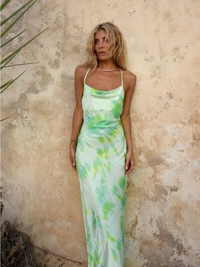 Rat & Boa Green Tie Dye Satin Maxi Slip Dress Open Back XL (Fits L/M)